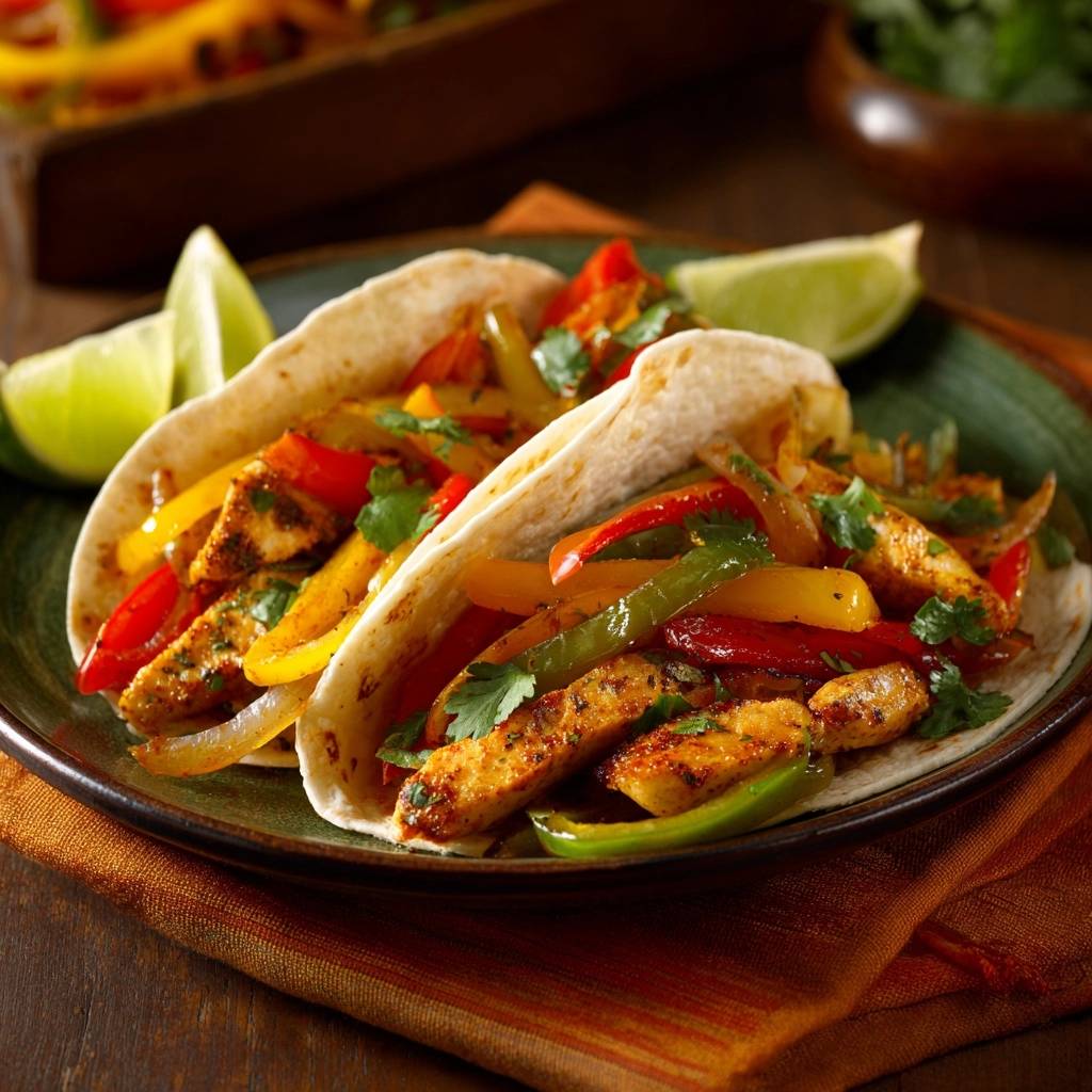Saftige Hahnchen Fajitas Serviert 1 Saftige Hähnchen-Fajitas serviert auf einem grünen Teller mit Limetten und frischen Kräutern, bereit zum Genießen.