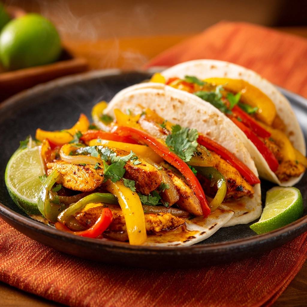 Saftige Hähnchen-Fajitas serviert auf einem dunklen Teller, garniert mit frischem Koriander und Limettenspalten, dampfend und appetitlich.
