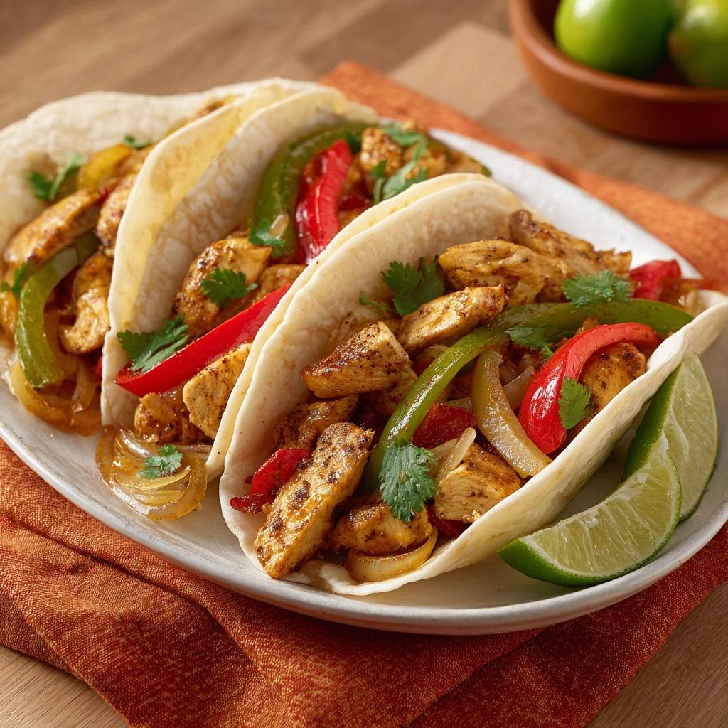 Saftige Hhnchen Fajitas Serviert 1 Saftige Hähnchen-Fajitas, serviert auf einem weißen Teller, gefüllt mit Paprika, Zwiebeln und frischen Kräutern, angerichtet mit Limetten.