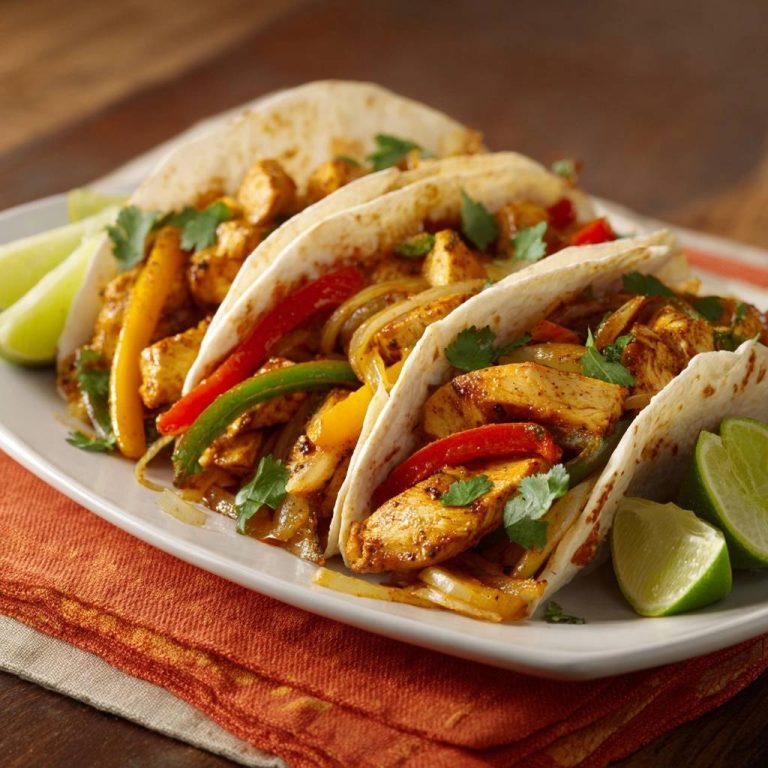 Saftige Hähnchen-Fajitas serviert auf einem weißen Teller, garniert mit frischem Koriander und Limettenspalten. Die Tortillas sind mit saftigem Hähnchen gefüllt.