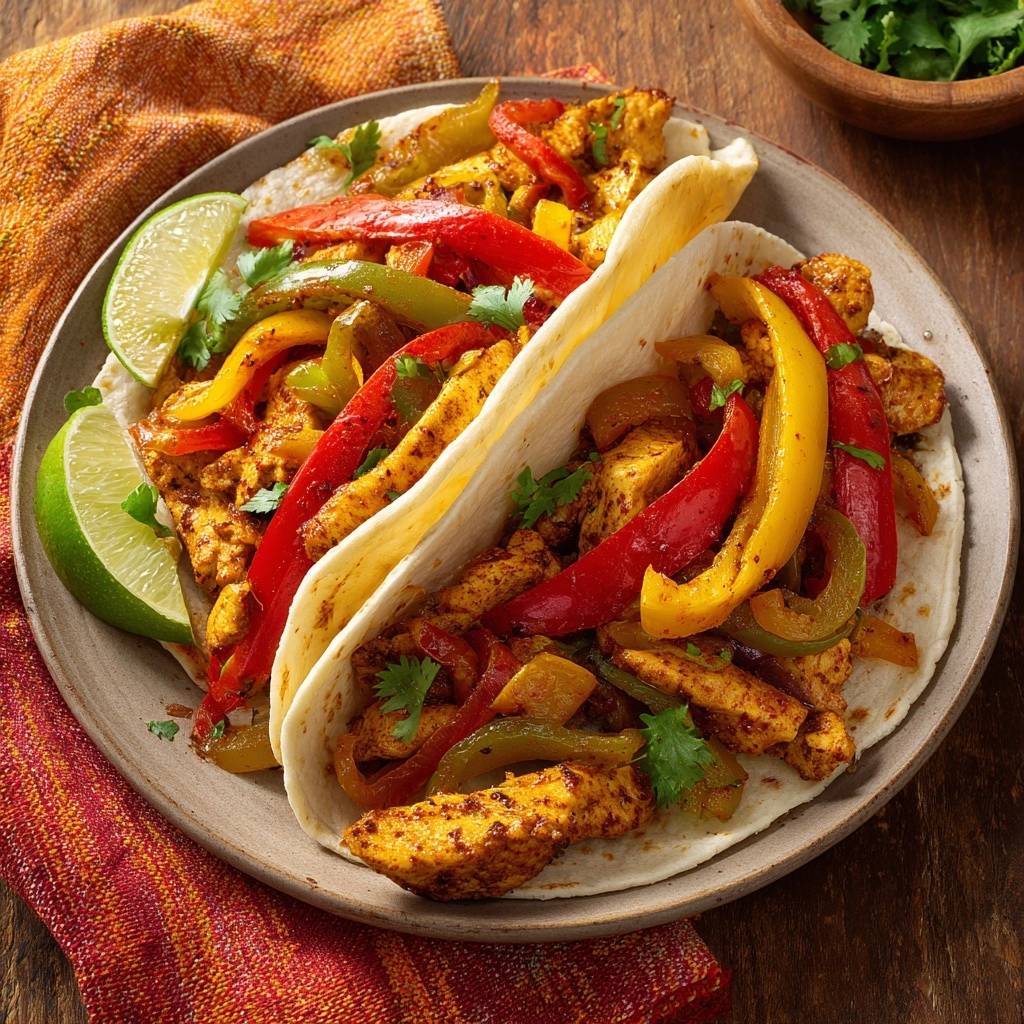 Saftige Hähnchen-Fajita-Tacos, serviert auf einem rustikalen Teller, mit farbenfrohen Paprika, frischem Koriander und Limettenspalten garniert.