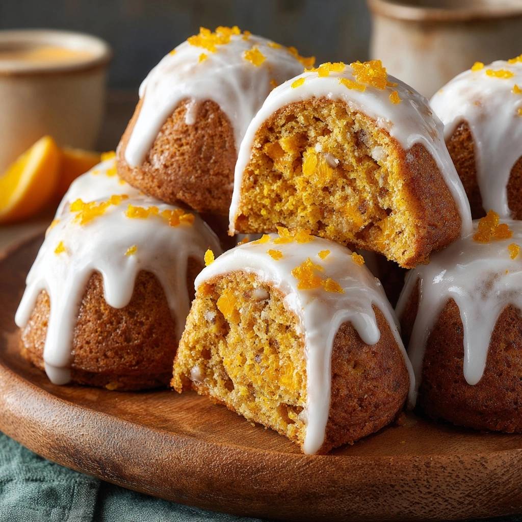 Saftige Karotten-Mini-Kuchen mit Orangen-Glasur, ein Nahaufnahme-Querschnitt, der die saftige Textur und die fruchtige Füllung zeigt, perfekt für den Genuss.