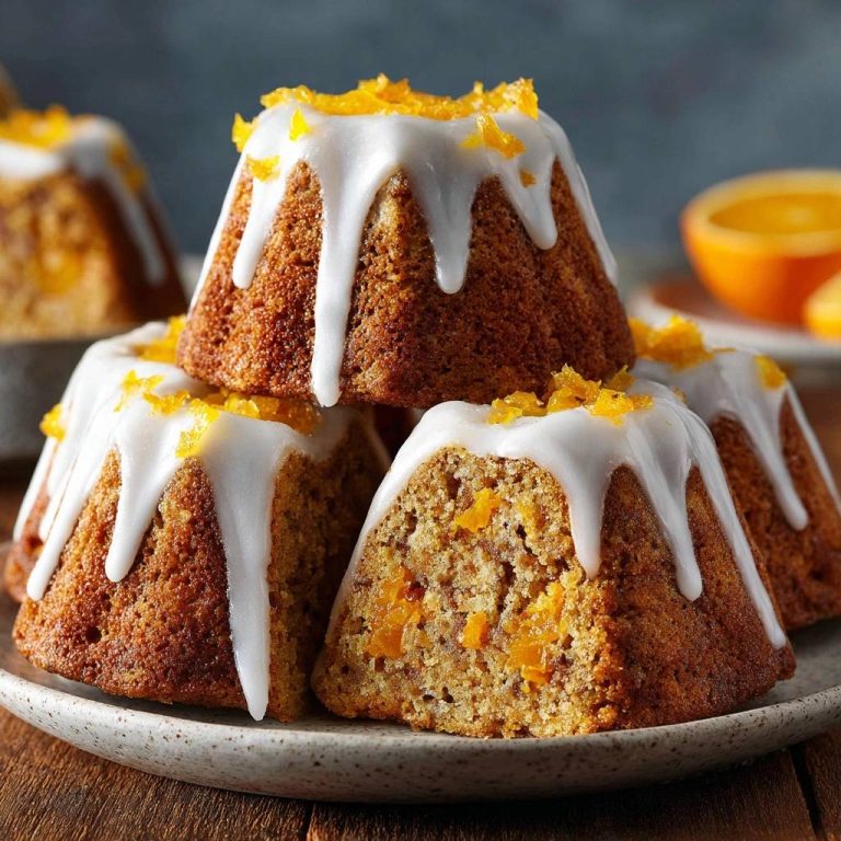 Saftige Karotten-Mini-Kuchen mit Orangen-Glasur, präsentiert im Querschnitt, zeigt die saftige Textur und die fruchtige Orangenfülle.