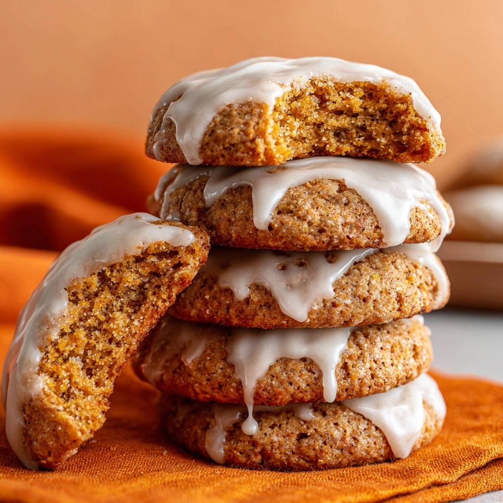 Saftige Kurbiskekse Mit Zuckerguss Angeschnitten 1 Saftige Kürbiskekse mit Zuckerguss mit einem Biss, der die weiche, saftige Textur und das Innere zeigt. Die Kekse sind mit süßem Zuckerguss glasiert.
