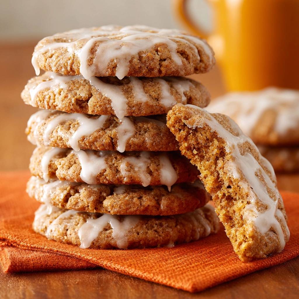 Saftige Kürbiskekse mit Zuckerguss zeigen einen appetitlichen Querschnitt, der die lockere Textur und den süßen Zuckerguss-Überzug offenbart.
