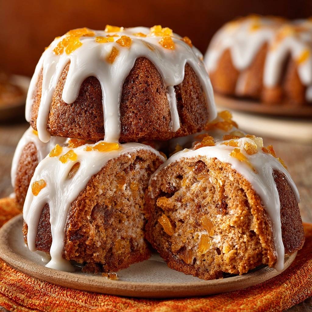 Saftige Mini-Orangen-Gugelhupfe im Nahaufnahme, mit einem saftigen Querschnitt, der die fruchtige Füllung und den cremigen Guss zeigt.