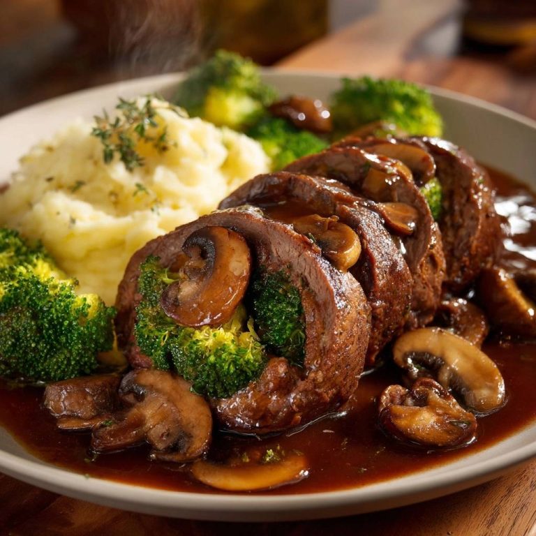 Saftige Pilzrouladen mit Püree und Brokkoli in Nahaufnahme, geschnitten, mit Brokkoli-Füllung und Champignons in dunkler Soße serviert.