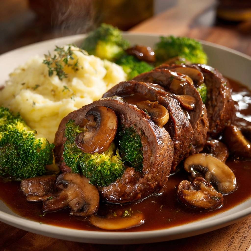Saftige Pilzrouladen mit Püree und Brokkoli in Nahaufnahme, geschnitten, mit Brokkoli-Füllung und Champignons in dunkler Soße serviert.