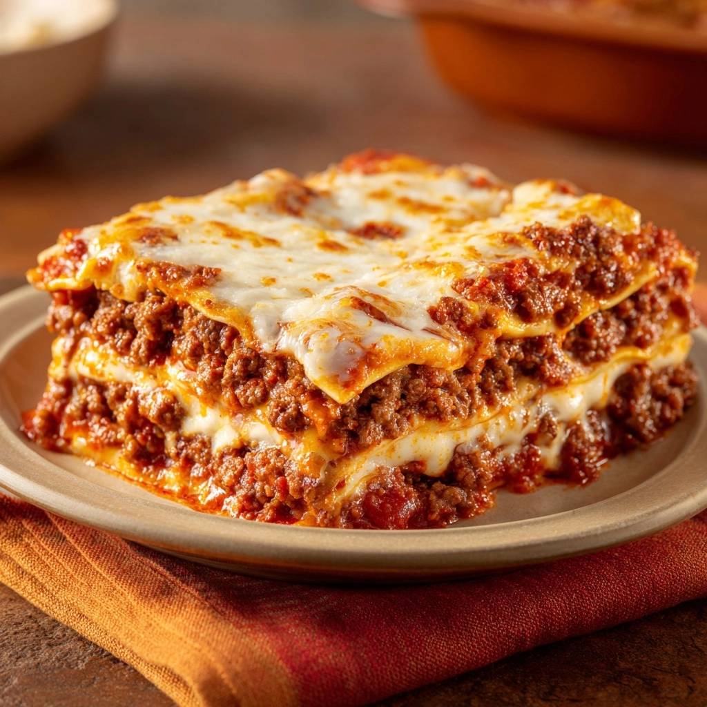 Saftige Rindfleisch Lasagne Querschnitt 1 Saftige Rindfleisch-Lasagne im Querschnitt, mit geschmolzenem Käse und einer köstlichen Füllung aus Rindfleisch und Tomatensoße.