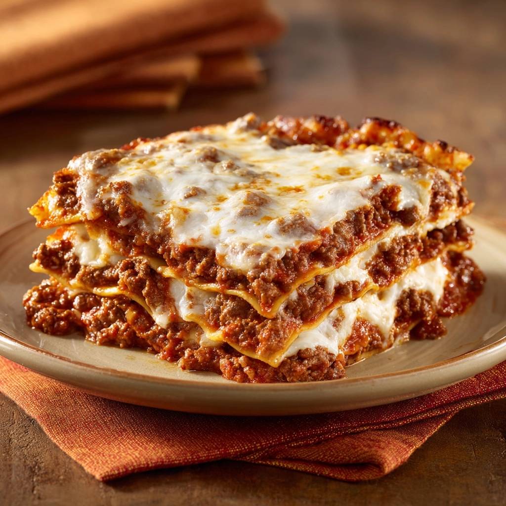 Saftige Rindfleisch-Lasagne im Querschnitt zeigt die geschichteten Nudeln, Rindfleischsauce und den geschmolzenen Käse. Diese hausgemachte Lasagne ist ein wahrer Genuss.