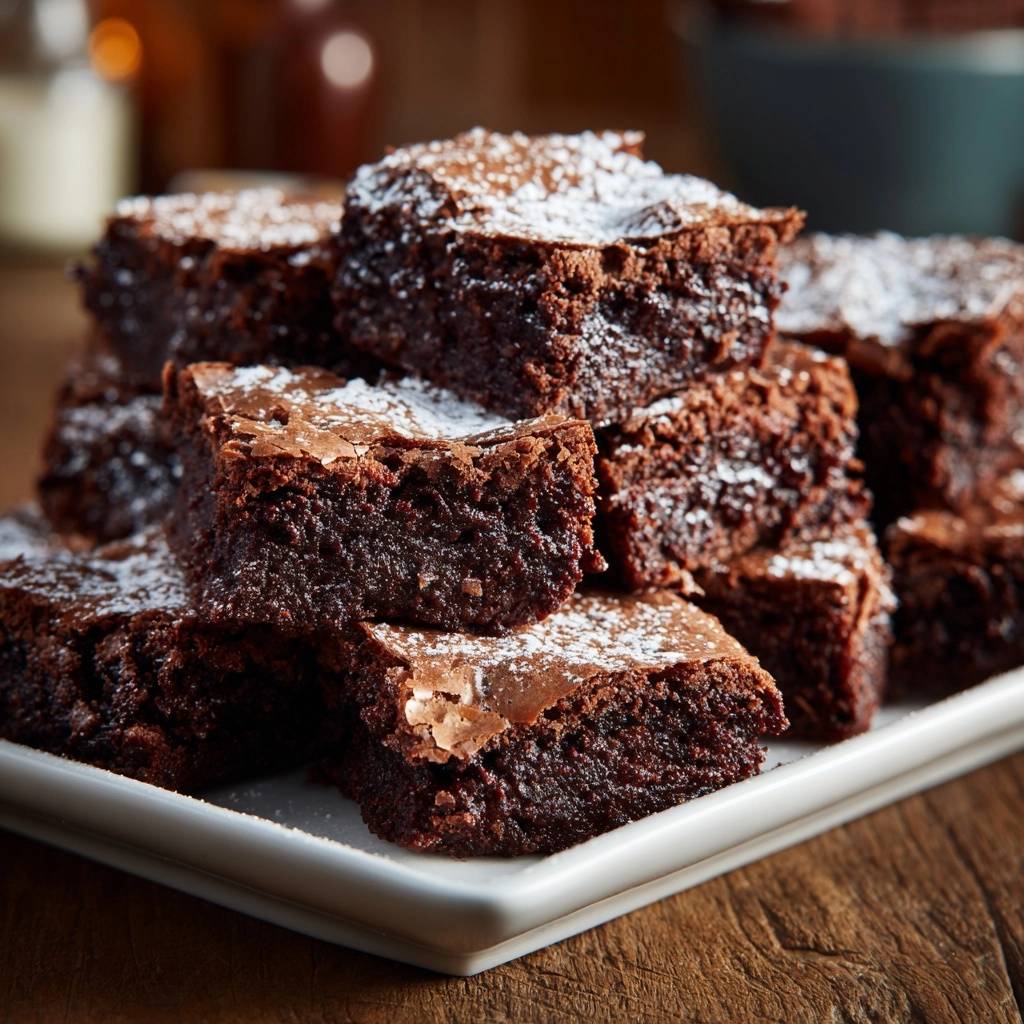 Saftige Schoko Brownies Gestapelt Mit Puderzucker 1 Saftige Schoko-Brownies sind hier gestapelt und mit Puderzucker bestäubt. Diese selbstgemachten Brownies sind der perfekte Schokoladen-Genuss.