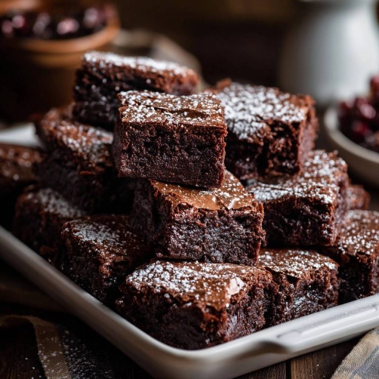 Saftige Schoko-Brownies, gestapelt und mit Puderzucker bestäubt, präsentieren ihre dunkle, schokoladige Pracht auf einem weißen Teller.