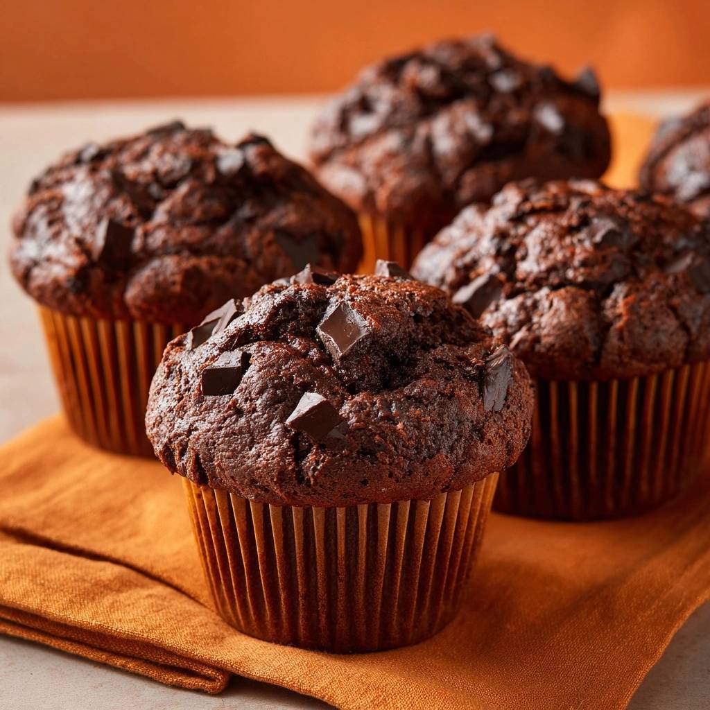 Saftige Schoko-Chunk-Muffins in Nahaufnahme, mit Schokoladenstückchen auf der Oberfläche, die zum Anbeißen einladen und perfekt gebacken sind.