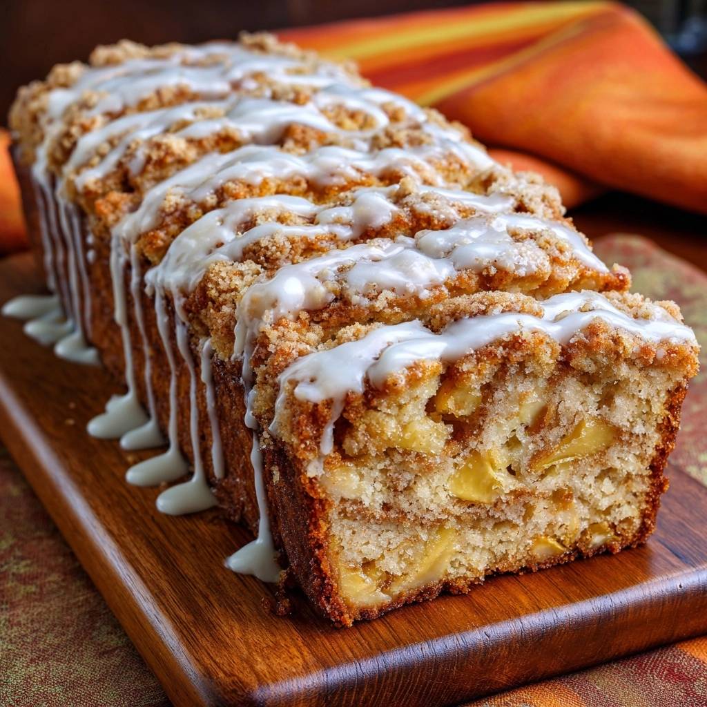 Saftiger Apfel Streuselkuchen Querschnitt 1 Saftiger Apfel-Streuselkuchen mit Streuseln, Anschnitt und Glasur, der die saftige Apfel-Füllung und den knusprigen Teig zeigt.
