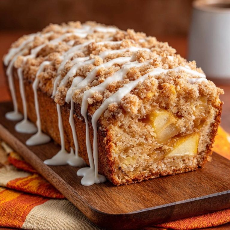 Saftiger Apfel-Streuselkuchen mit Streuseln, präsentiert im Anschnitt, der die saftigen Apfelstücke und die Textur des Kuchens zeigt.