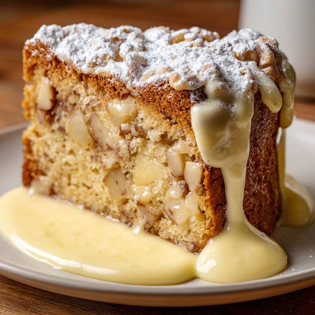 Saftiger Apfel Walnuss Kuchen Mit Vanillesauce Angeschnitten 1 Saftiger Apfel-Walnuss-Kuchen mit Vanillesauce, ein angeschnittenes Stück auf einem Teller mit fließender Sauce.