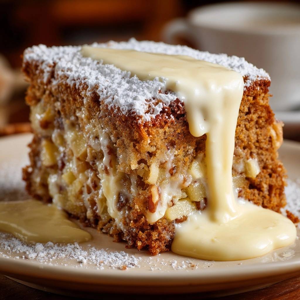 Saftiger Apfel-Walnuss-Kuchen mit Vanillesauce, ein einzelnes Stück Kuchen mit warmem Vanillesaucenguss auf einem Teller.
