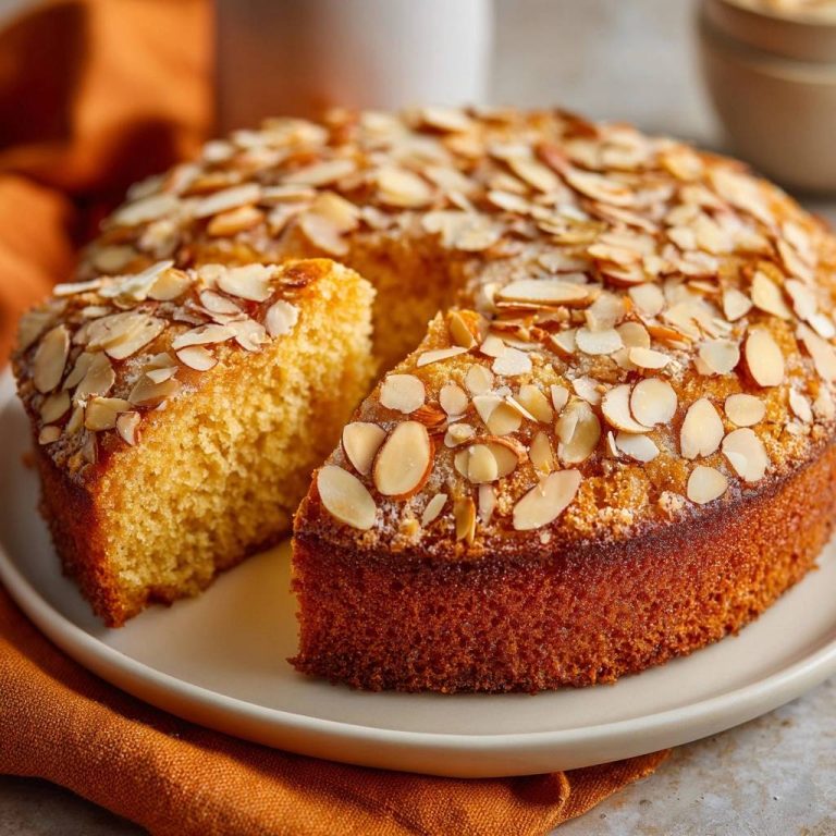Saftiger Joghurt-Mandelkuchen mit Mandelsplittern, angeschnitten, zeigt die saftige Krume. Ein köstlicher Kuchen, der garantiert nicht trocken wird.