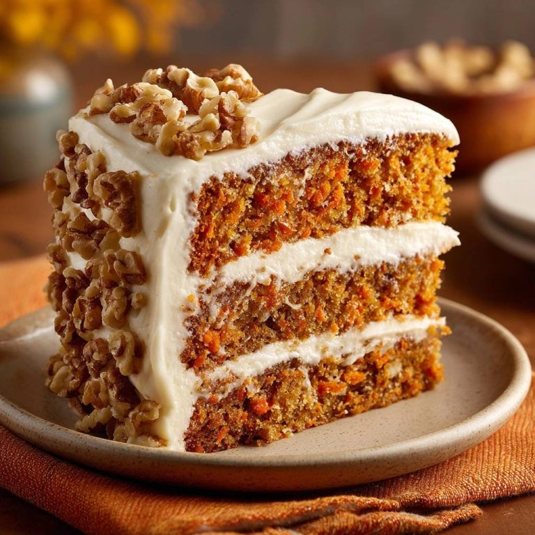 Saftiger Karottenkuchen mit Walnuss-Topping in einem Nahaufnahme-Querschnitt, der die saftigen Schichten und das cremige Frosting zeigt.