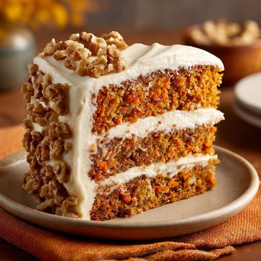 Saftiger Karottenkuchen mit Walnuss-Topping in einem Nahaufnahme-Querschnitt, der die saftigen Schichten und das cremige Frosting zeigt.