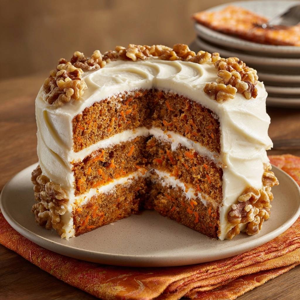 Saftiger Karottenkuchen mit Walnuss-Topping in einer Nahaufnahme, der einen Blick auf die saftige Innenseite und die Walnuss-Garnierung bietet.