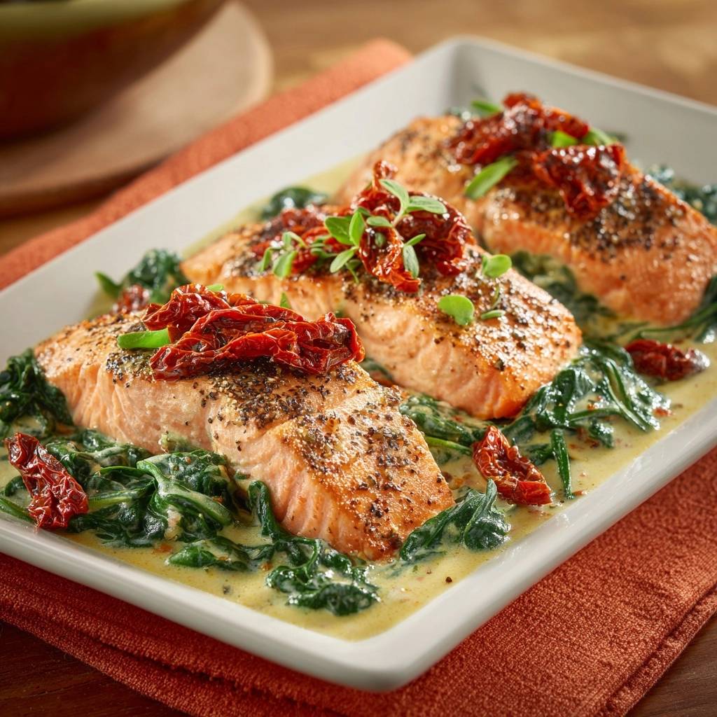 Saftiger Lachs mit cremiger Spinat-Tomaten-Soße, serviert auf einem weißen Teller, von oben fotografiert mit getrockneten Tomaten und frischen Kräutern.