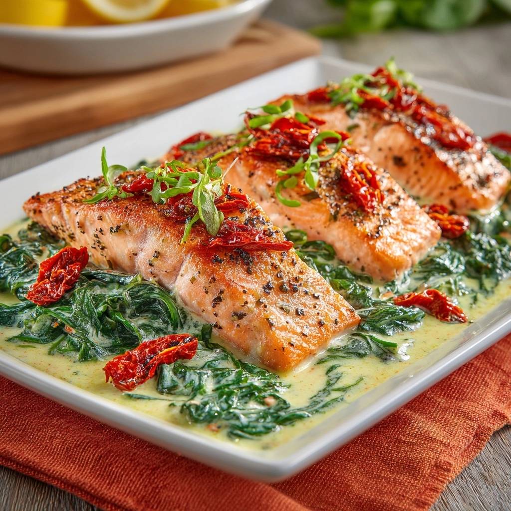 Saftiger Lachs Mit Cremiger Spinat Tomaten Sosze Serviert 1 Saftiger Lachs mit cremiger Spinat-Tomaten-Soße serviert auf einem weißen Teller, garniert mit getrockneten Tomaten und frischen Kräutern.