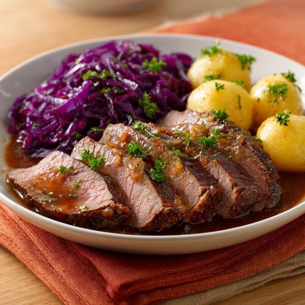 Saftiger Rinderbraten Mit Rotkohl Serviert 1 Saftiger Rinderbraten mit Rotkohl und Kartoffelknödeln serviert auf einem weißen Teller, garniert mit frischer Petersilie.