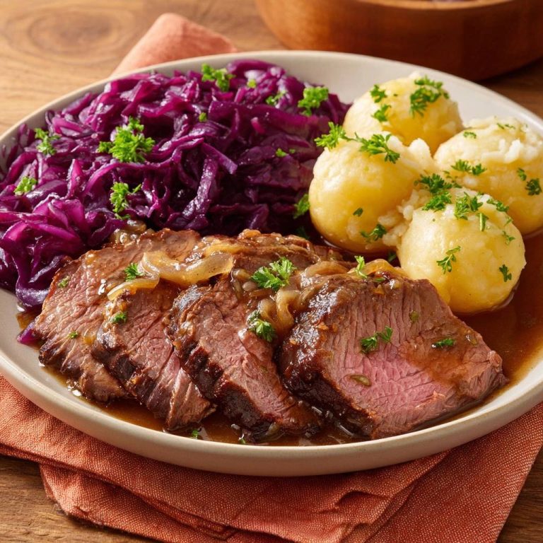 Saftiger Rinderbraten mit Rotkohl und Kartoffelknödeln serviert auf einem Teller, garniert mit frischer Petersilie.
