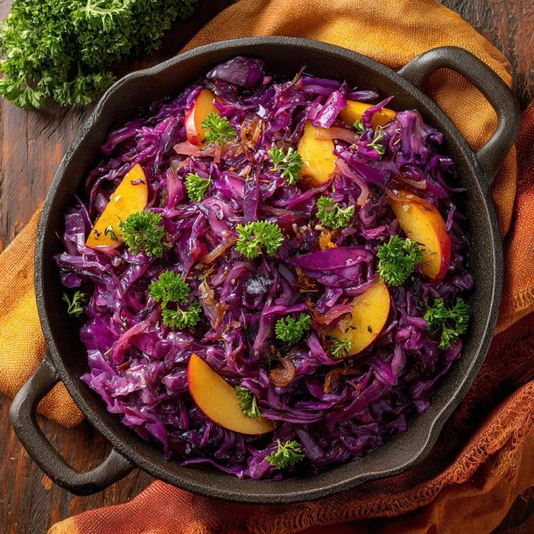 Saftiger Rotkohl mit Apfel und Zwiebeln in einer gusseisernen Pfanne von oben mit frischer Petersilie garniert.