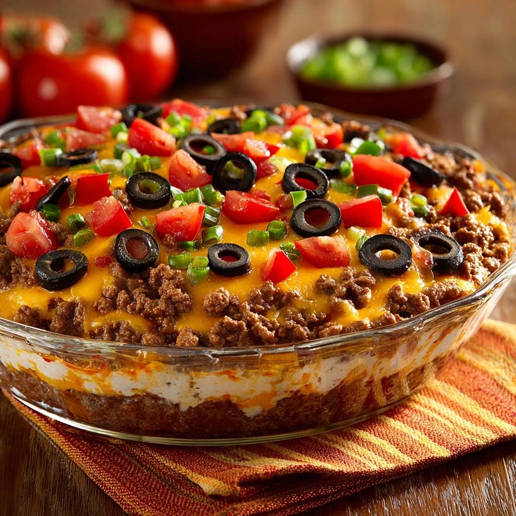 Saftiger Taco-Auflauf, von oben betrachtet, reichlich garniert mit Tomaten, Oliven und frischen Kräutern auf Käse und Hackfleisch.
