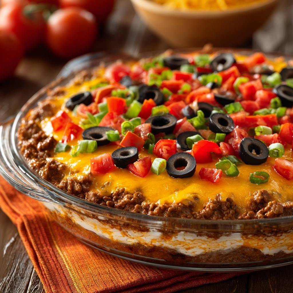 Saftiger Taco-Auflauf mit Hackfleisch, Käse, Tomaten und Oliven in einer Glasschüssel serviert, ein köstliches Familienessen.