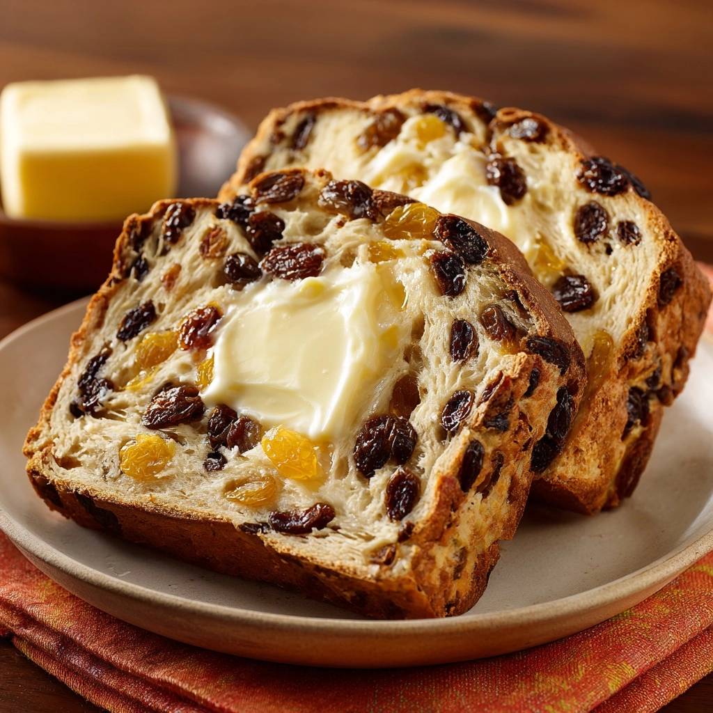 Saftiges Aprikosen-Rosinenbrot im Anschnitt mit geschmolzener Butter, das die saftige Textur und die Früchte im Brot zeigt.