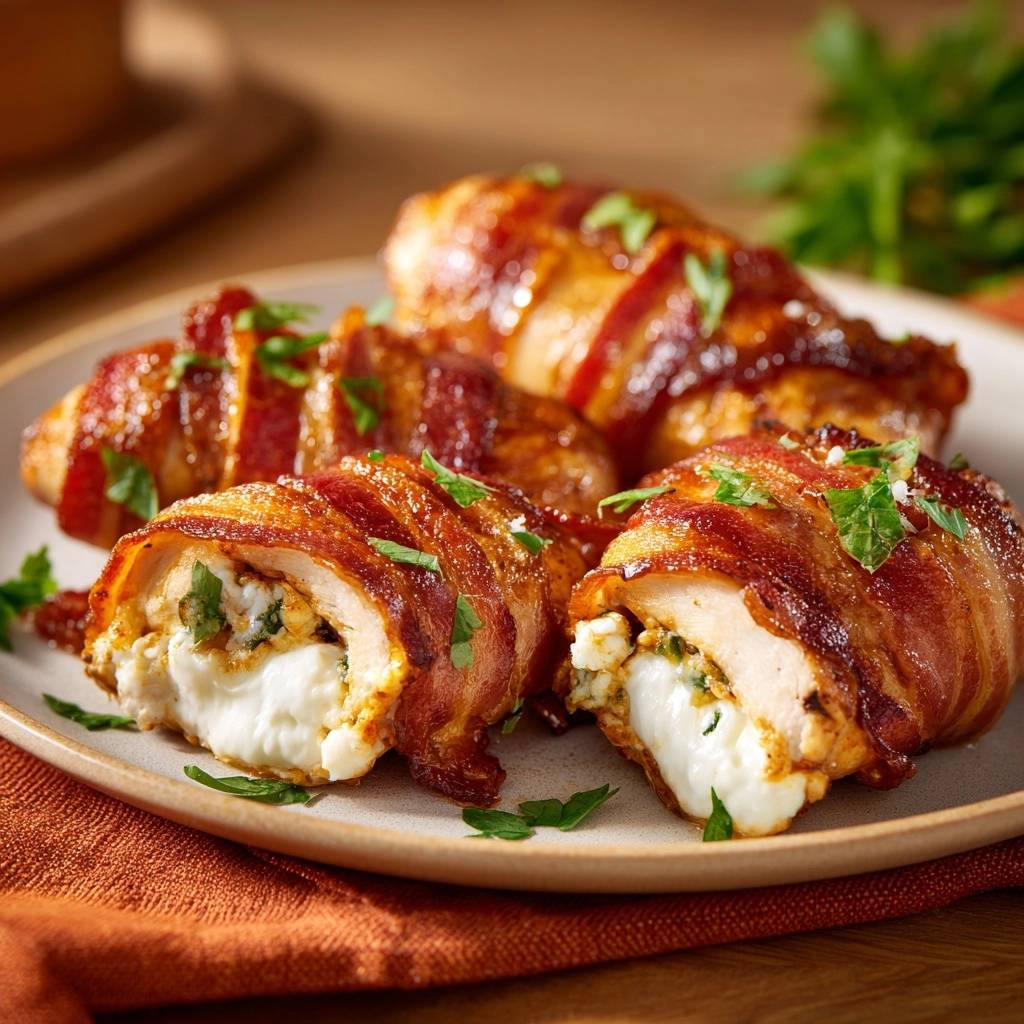 Saftiges Feta-Hähnchen im Bacon-Mantel mit einem Anschnitt, der die cremige Feta-Füllung und knusprigen Speck zeigt.