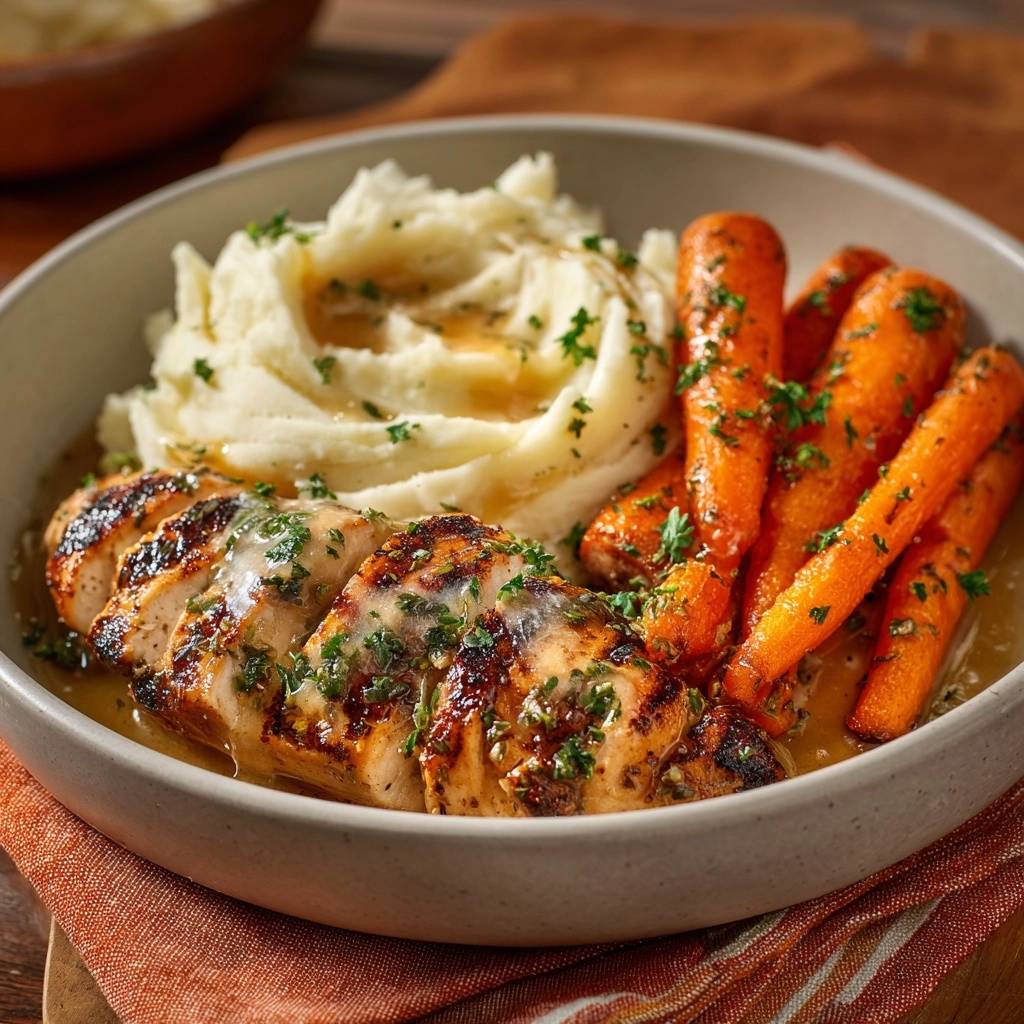 Saftiges Gegrilltes Hähnchen mit cremigem Kartoffelpüree serviert in einer Schüssel, garniert mit frischer Petersilie und einer köstlichen Sauce.