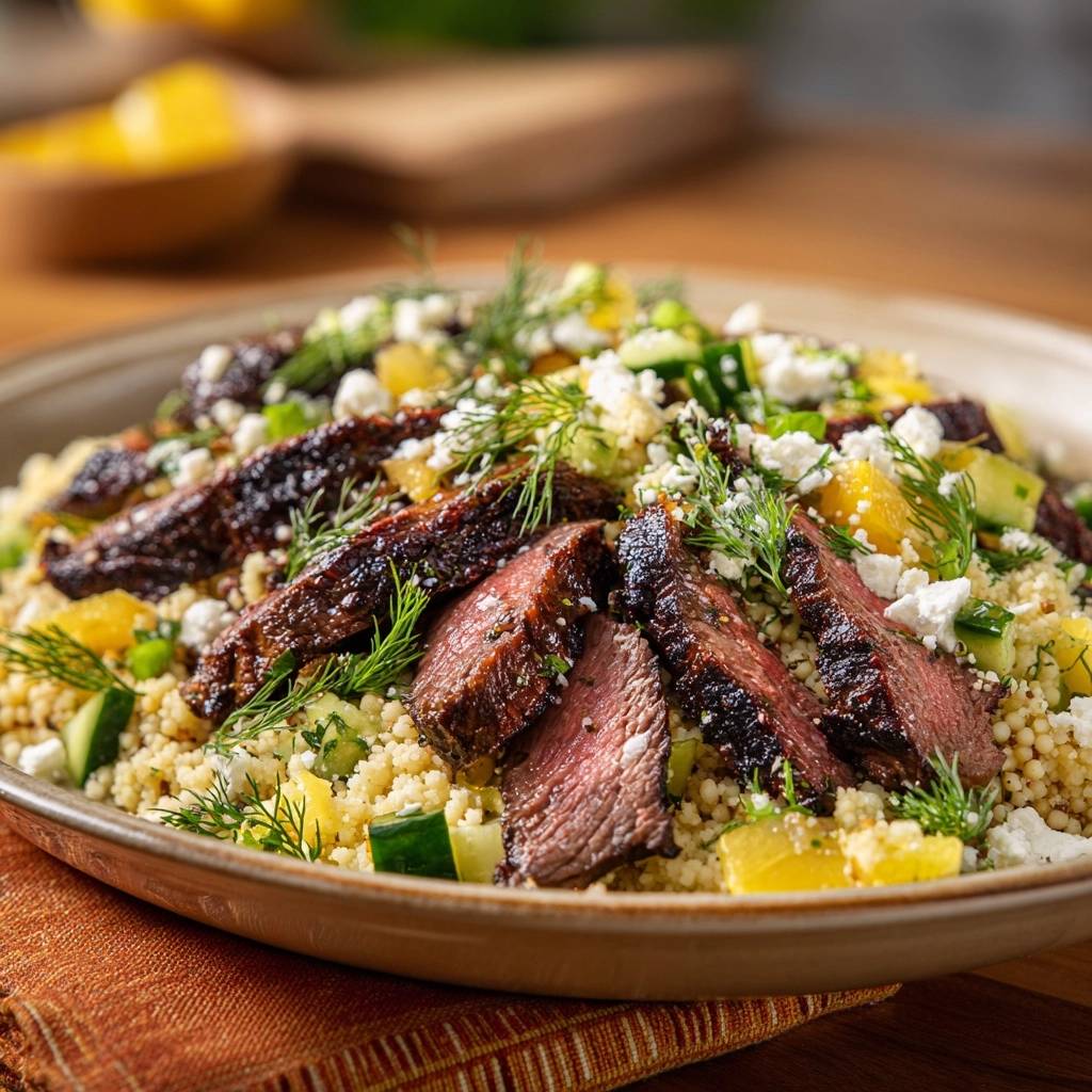 Saftiges Gegrilltes Rindersteak mit Gurken-Feta-Couscous in Nahaufnahme, mit perfekt gegrilltem Fleisch, frischem Dill und würzigem Feta-Käse.