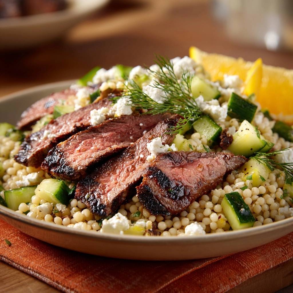 Saftiges Gegrilltes Rindersteak mit Gurken-Feta-Couscous in Nahaufnahme, garniert mit frischem Dill und Fetakäse, serviert auf Couscous.