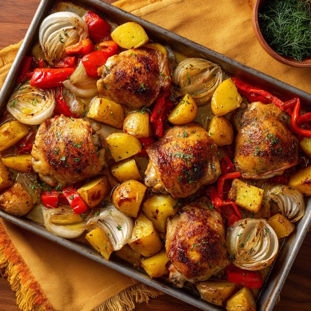 Saftiges Hähnchen-Blech mit Paprika & Kartoffeln, von oben betrachtet, zeigt knusprige Hähnchenschenkel, goldene Kartoffeln und Paprika in einer Backform.