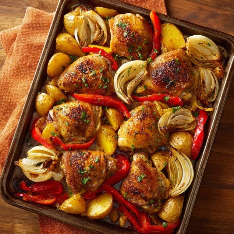 Saftiges Hähnchen-Blech mit Paprika & Kartoffeln, eine köstliche Draufsicht, die das goldbraun gebackene Hähnchen und das bunte Gemüse zeigt.