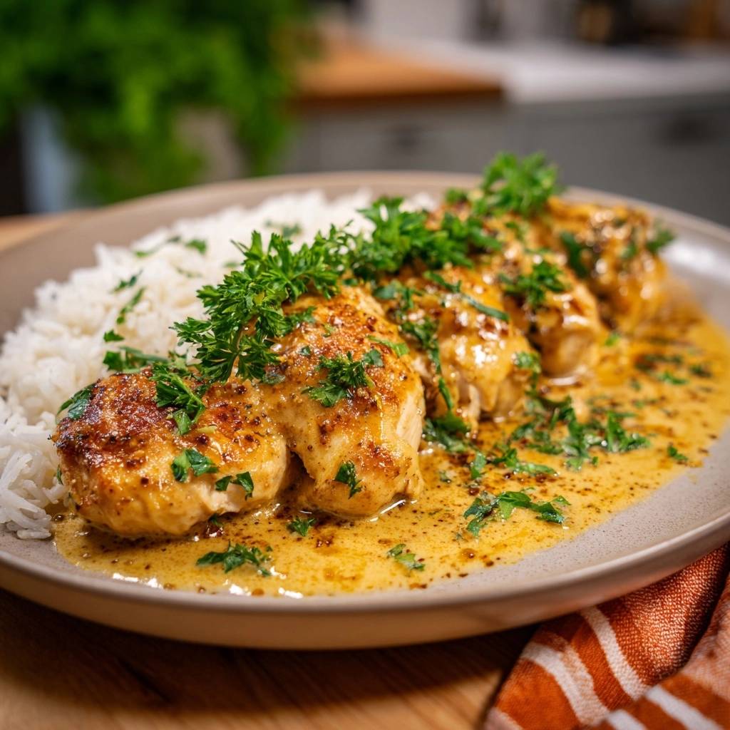 Saftiges Huhnchen Cremiger Zitronensauce Serviert 1 Saftiges Hähnchen in cremiger Zitronensauce serviert auf einem Teller mit Reis, garniert mit frischer Petersilie. Die goldbraune Sauce bedeckt das Gericht.