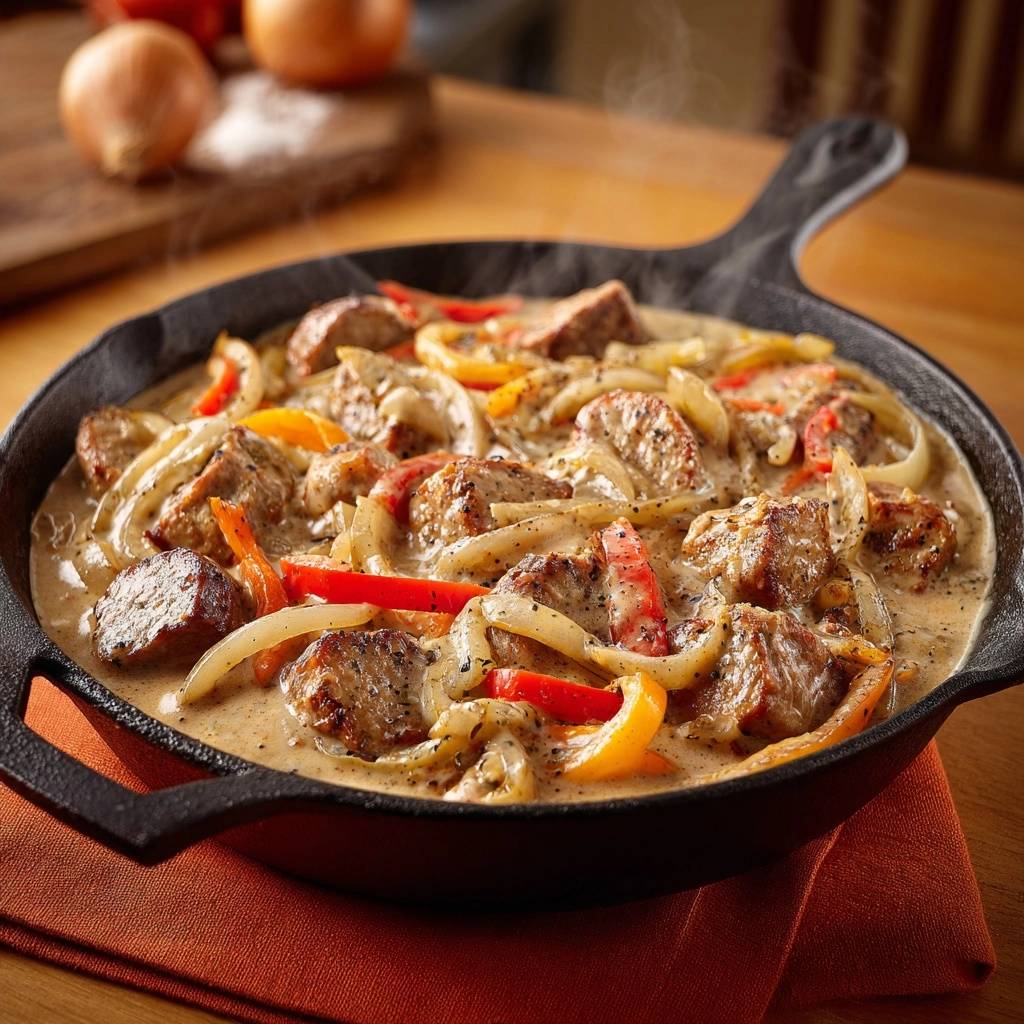 Saftiges Paprika-Fleisch-Gulasch mit Wurst in einer gusseisernen Pfanne, dampfend serviert mit Paprika und Zwiebeln.