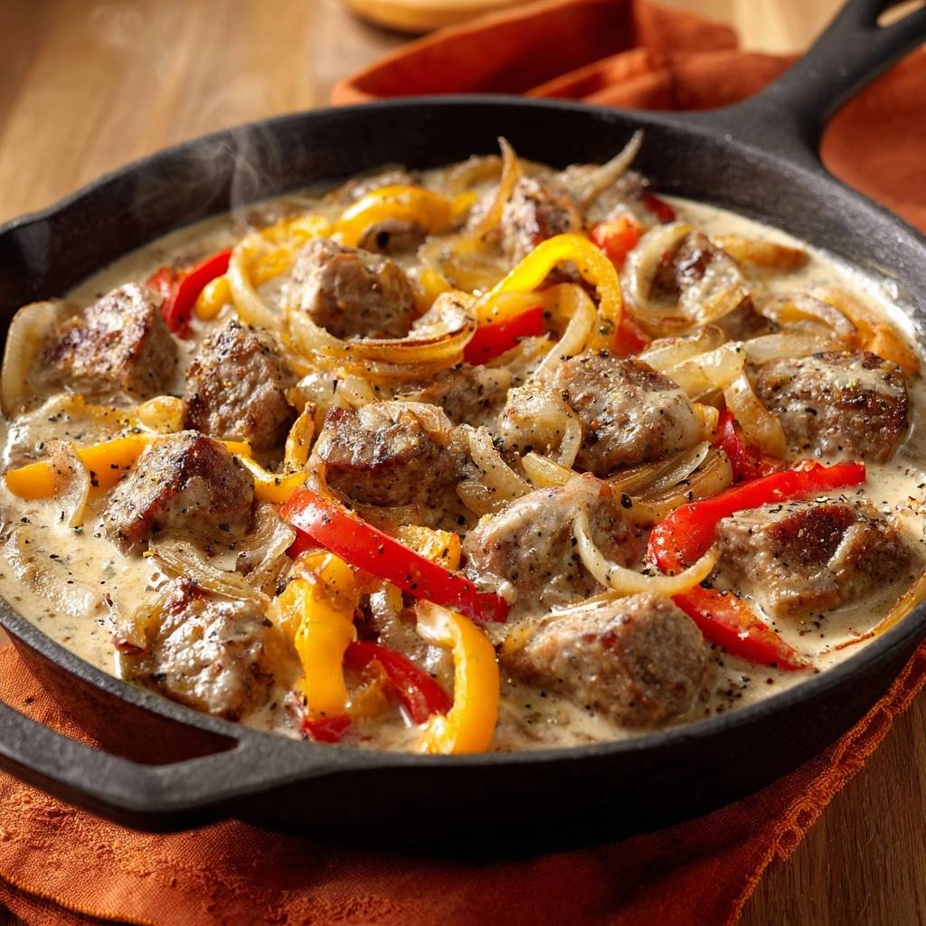 Saftiges Paprika-Fleisch-Gulasch mit Wurst, serviert in einer gusseisernen Pfanne, dampfend und mit Zwiebeln und Paprika.