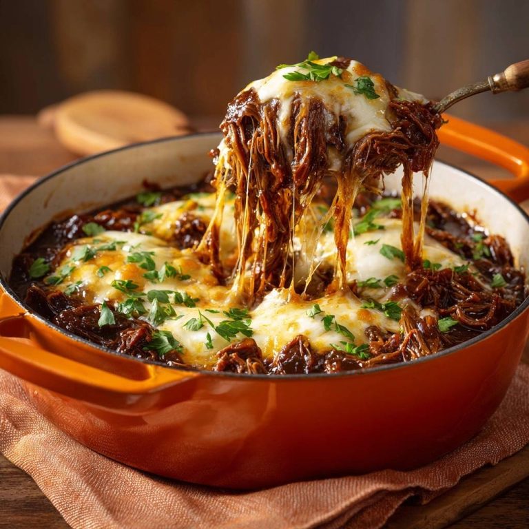 Saftiges Pulled Beef mit Käsekruste, serviert in einer Pfanne, mit geschmolzenem Käse, der sich zieht. Dieses Gericht sieht unglaublich lecker aus.