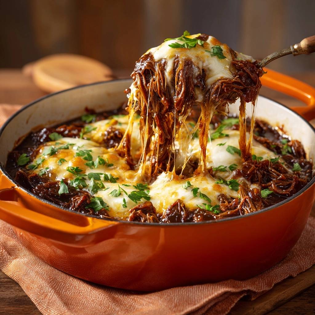 Saftiges Pulled Beef mit Käsekruste, serviert in einer Pfanne, mit geschmolzenem Käse, der sich zieht. Dieses Gericht sieht unglaublich lecker aus.