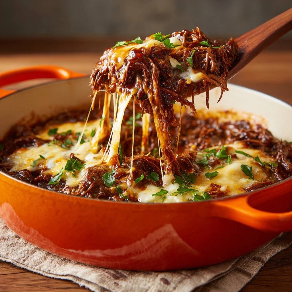 Saftiges Pulled Beef Mit Kasekruste Nahaufnahme 1 Saftiges Pulled Beef mit Käsekruste in Nahaufnahme, mit geschmolzenem Käse, der sich vom Gericht abhebt und eine köstliche Textur zeigt.