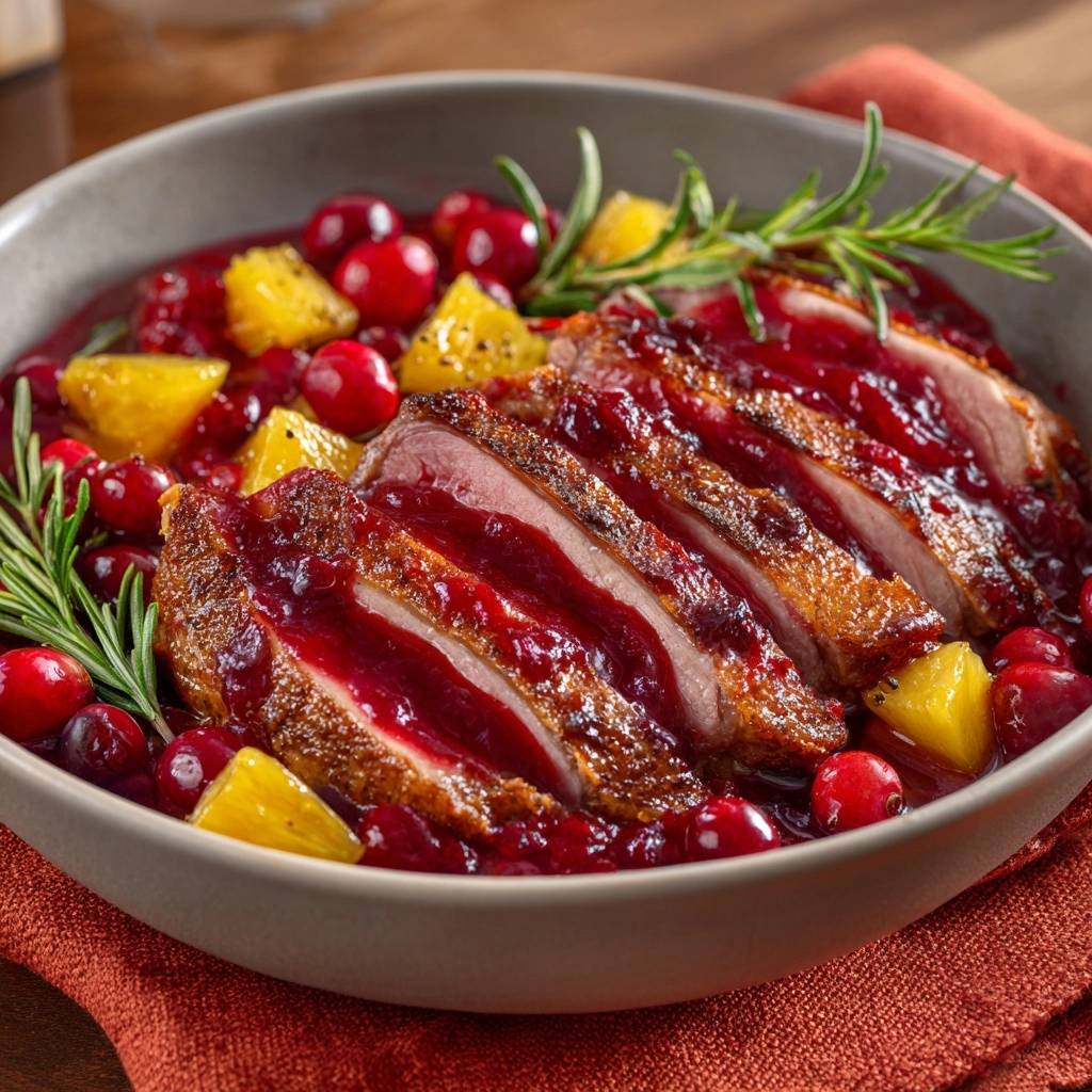 Saftiges Rindfleisch Mit Cranberry Ananas Glaze Nahaufnahme 1 Saftiges Rindfleisch mit Cranberry-Ananas-Glaze in einer Nahaufnahme, serviert mit frischen Cranberries und Ananasstücken. Das Gericht ist großzügig mit der fruchtigen Glasur bedeckt.