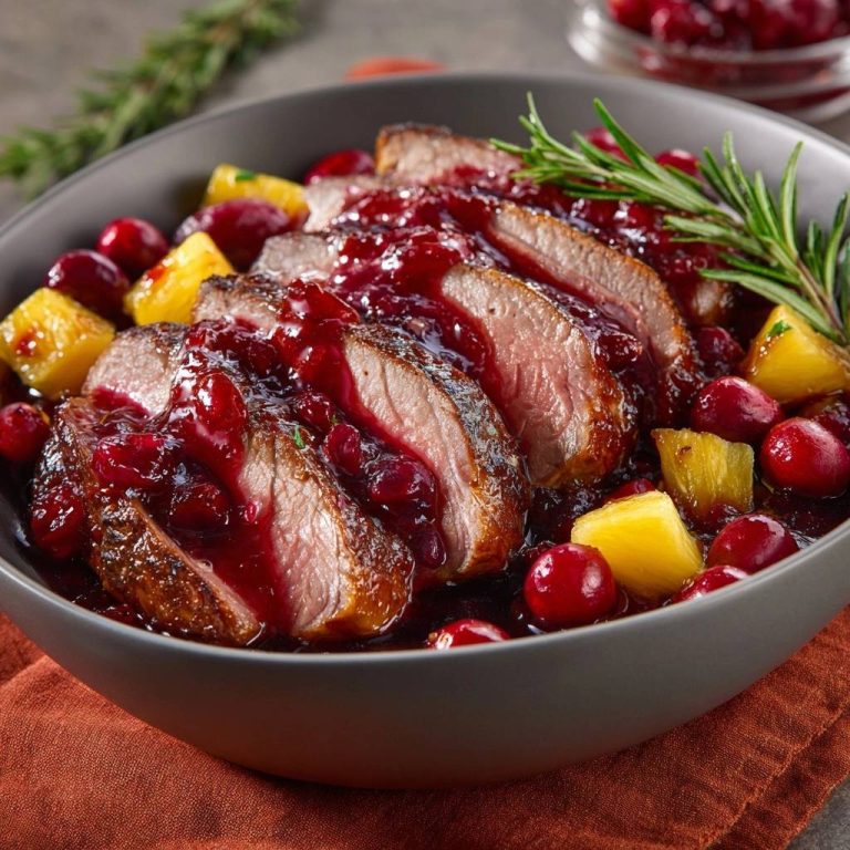 Saftiges Rindfleisch mit Cranberry-Ananas-Glaze in einer Nahaufnahme, serviert mit frischen Preiselbeeren und Ananasstücken. Ein köstliches Festtagsgericht.