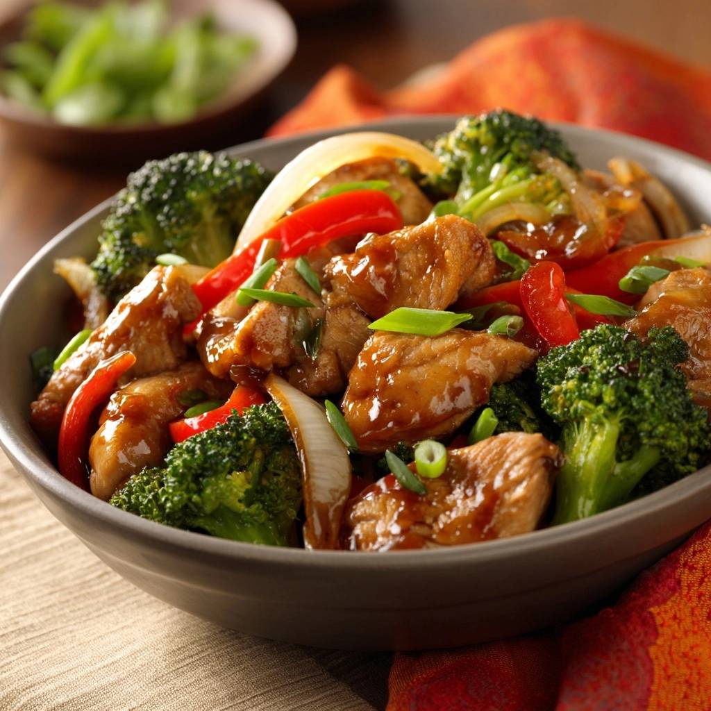 Saftiges Wok-Hähnchen mit Brokkoli und Paprika in einer Nahaufnahme, serviert in einer Schüssel, mit frischen Zutaten und einer köstlichen Soße.