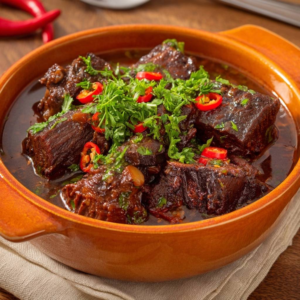 Scharfes Rindfleisch Mit Chili Und Koriander Garniert 1 Scharfes Rindfleisch mit Chili und Koriander, serviert in einer rustikalen Schale, garniert mit frischer Petersilie und Chili-Ringen.