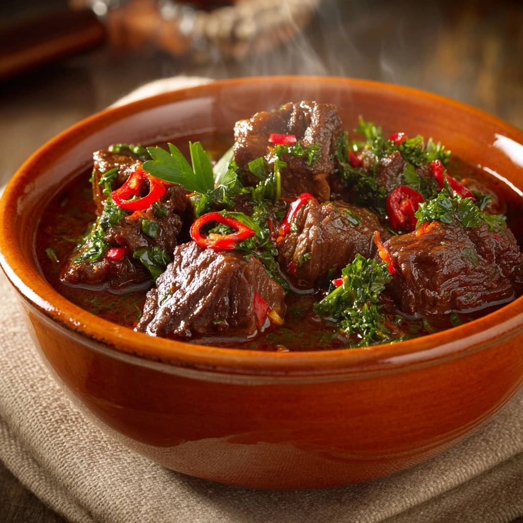 Scharfes Rindfleisch mit Chili und Koriander in einer rustikalen Schüssel, garniert mit frischen Kräutern und Chili-Ringen. Die dampfende Mahlzeit ist ein Blickfang.